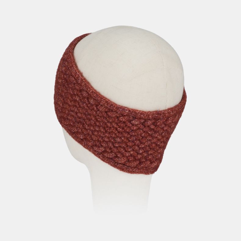 Rust orange knitted headband with a textured basket-weave stitch pattern and soft marl finish, shown from a rear angled view with wide coverage for cosy cold-weather wear.