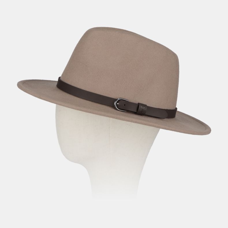 Taupe felt fedora-style hat with a wide brim and structured crown, finished with a dark brown faux leather band and buckle detail featuring an embossed National Trust logo. Displayed on a mannequin head against a light grey background.