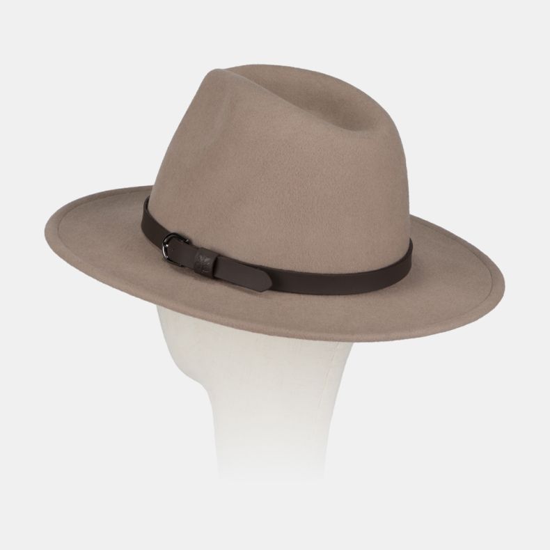 Rear angled view of a wide-brim fedora-style hat in a soft taupe beige felt finish, featuring a structured pinched crown and a dark brown faux leather band with buckle detail. An embossed National Trust oak leaf logo adds a subtle heritage-inspired touch,