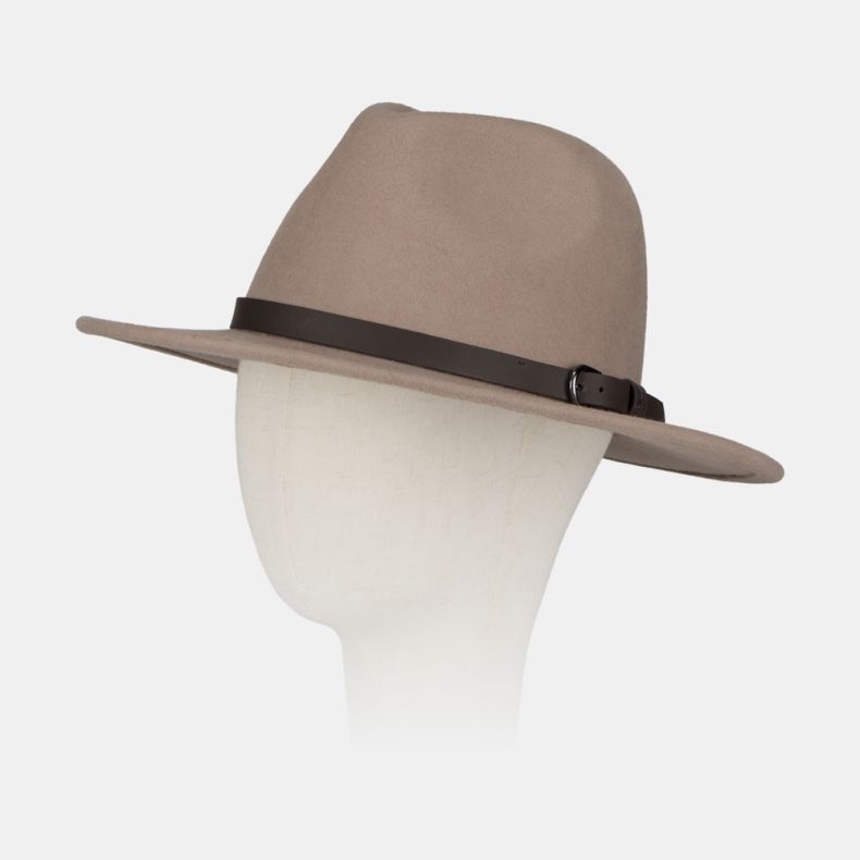 Wide-brim fedora-style hat in a soft taupe beige felt finish, featuring a structured crown and a slim dark brown faux leather band with buckle detail. The classic design combines timeless style with everyday versatility, making it ideal for casual outings