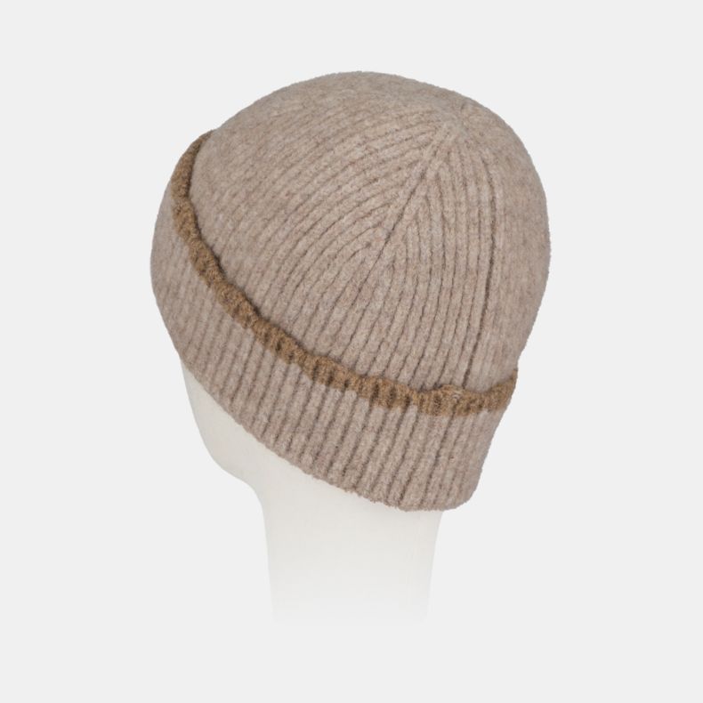 Cream ribbed knit beanie hat with a soft fluffy texture, wide turn-up brim, and subtle camel contrast stitching detail, shown from a rear angled view for cosy cold-weather wear.