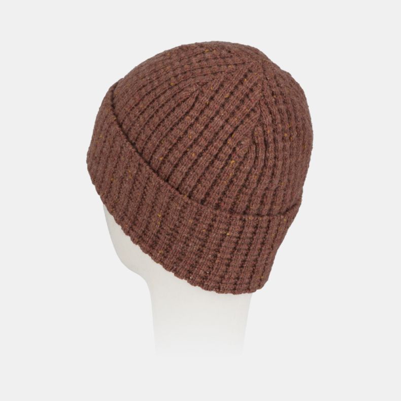 Rust orange flecked knit beanie hat with a textured ribbed design, soft wool-look finish, and subtle multicoloured speckled yarn detail, shown from a rear angled view for cosy cold-weather wear.
