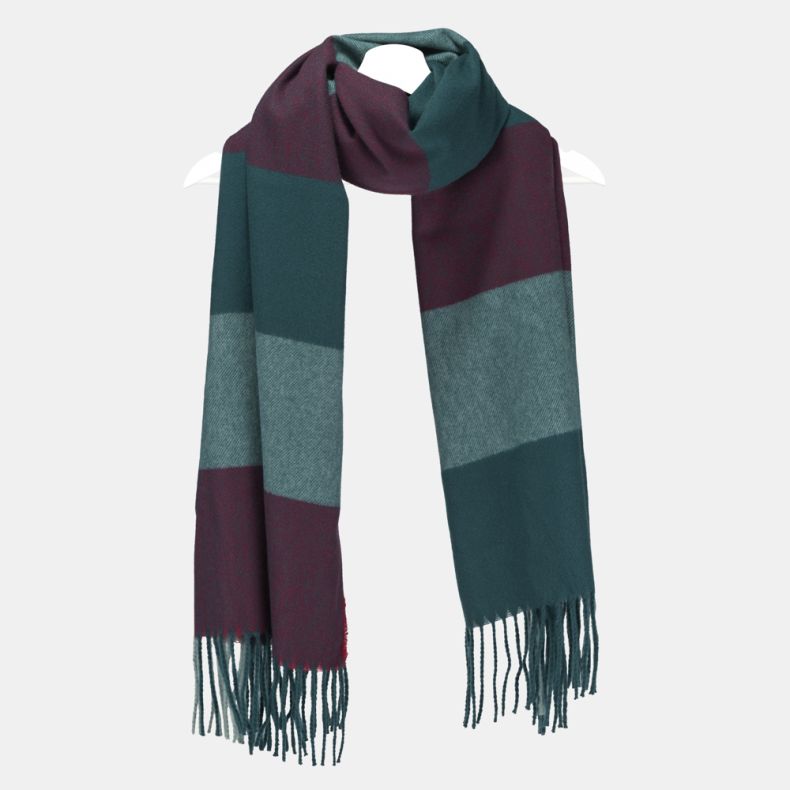 Teal and burgundy colour block scarf with wide contrasting panels, soft brushed texture, and fringed ends, displayed draped on a hanger.