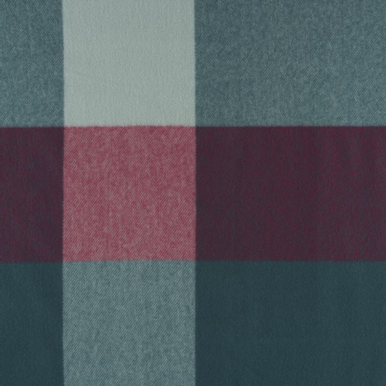 Teal and burgundy oversized check scarf pattern in a close-up view, featuring large colour block squares in teal, aqua, pink and burgundy tones with a soft brushed texture.
