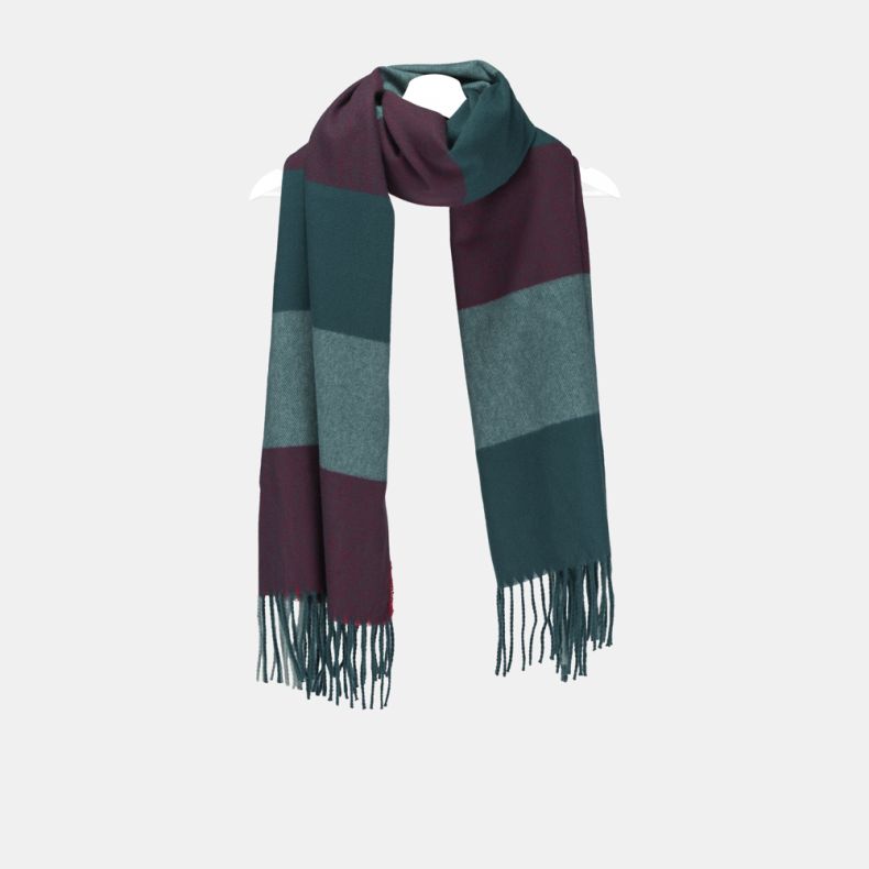 Teal and burgundy colour block scarf with wide contrasting panels in deep teal, aqua and burgundy tones, featuring a soft brushed texture and fringed ends, displayed draped on a hanger.