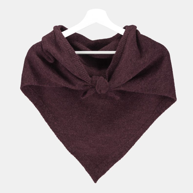 Burgundy triangular knitted scarf with a soft brushed texture and ribbed trim, styled tied at the front and displayed on a hanger for cosy cold-weather layering.
