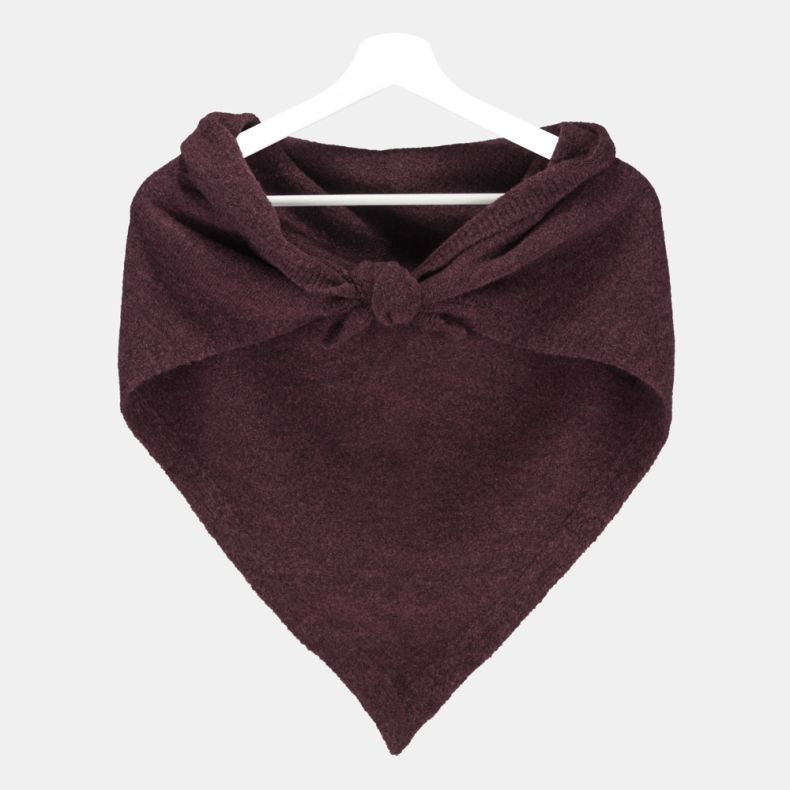 Burgundy triangular knitted scarf with a soft brushed texture and ribbed trim, styled tied at the front and displayed on a hanger, featuring a cosy lightweight design for cold-weather layering.