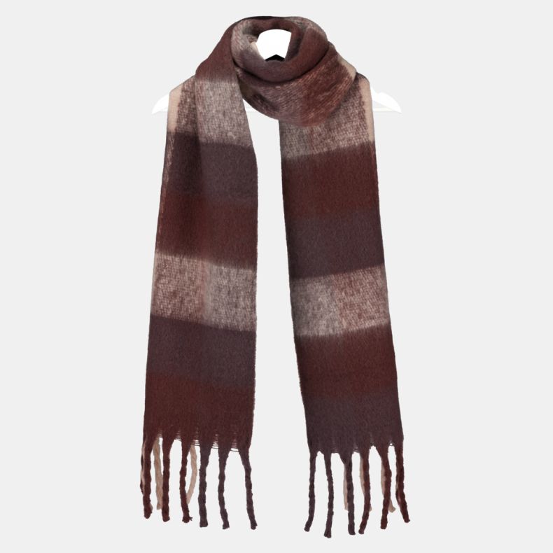 Burgundy and blush check scarf with oversized colour block panels, featuring a soft brushed texture, warm tonal plaid design, and fringed ends, displayed draped on a hanger.