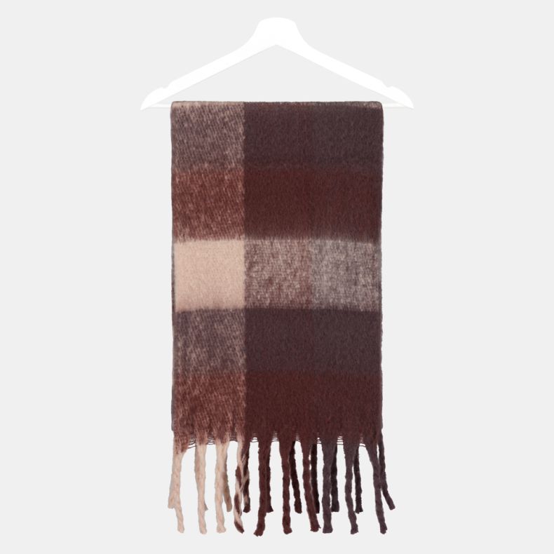 Burgundy and blush check scarf with oversized plaid blocks in rich burgundy, rose pink and taupe tones, featuring a soft brushed texture and fringed ends, displayed folded on a hanger.