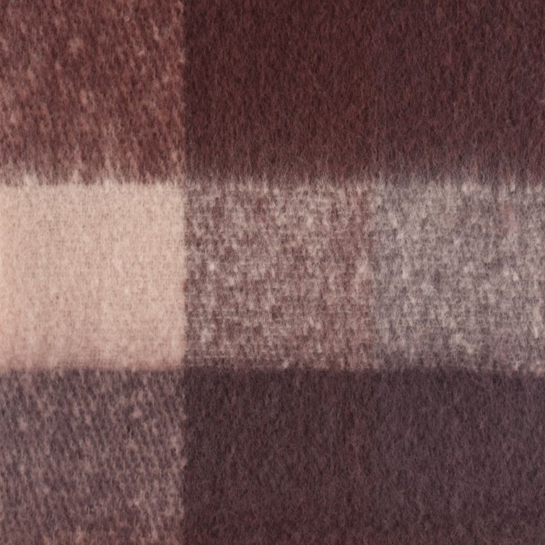 Burgundy and blush oversized check scarf fabric shown in a close-up view, highlighting the soft brushed texture and large plaid pattern in burgundy, rose pink and taupe tones.