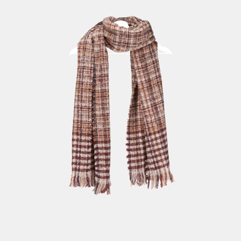 Rust and cream woven check scarf with an all-over plaid pattern, featuring a soft textured weave, warm autumnal tones, and fringed ends, shown from a wider front view draped on a hanger.