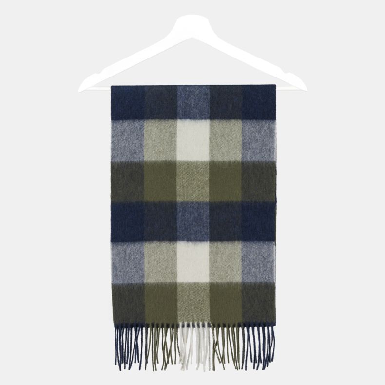 Navy, olive green and cream oversized check scarf folded on a hanger, featuring bold colour block squares, a soft brushed texture, and fringed ends in coordinating navy, olive and cream tones.