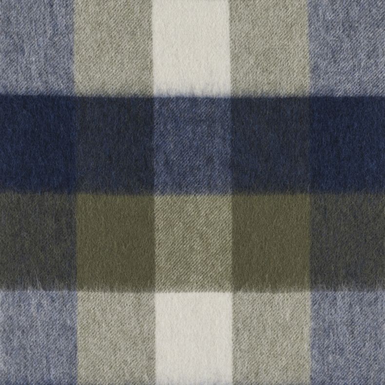 Navy, olive green and cream check scarf fabric shown in a close-up view, highlighting the soft brushed texture and bold colour block plaid pattern in navy blue, olive green, cream and pale blue tones.