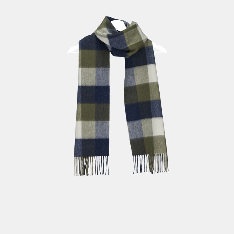 Navy, olive green and cream oversized check scarf with bold colour block squares, featuring a soft brushed texture, classic plaid design, and fringed ends, shown from a wider front view draped on a hanger.