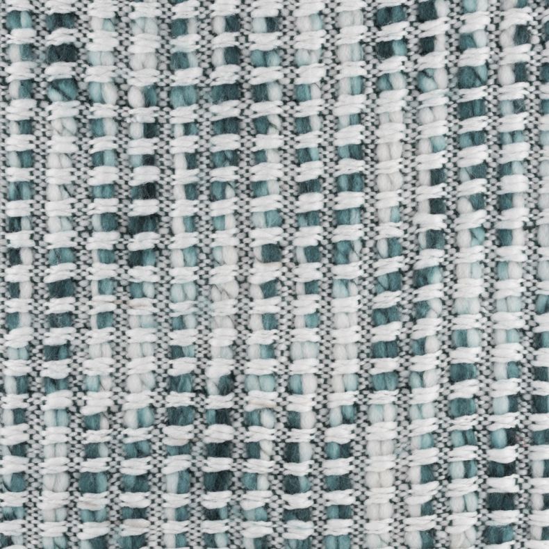 Close-up of a cosy woven throw blanket featuring a textured teal, aqua and white basket-weave pattern. Soft, chunky yarns create a tactile finish, highlighting the detailed weave and inviting texture ideal for adding warmth and comfort to any living space