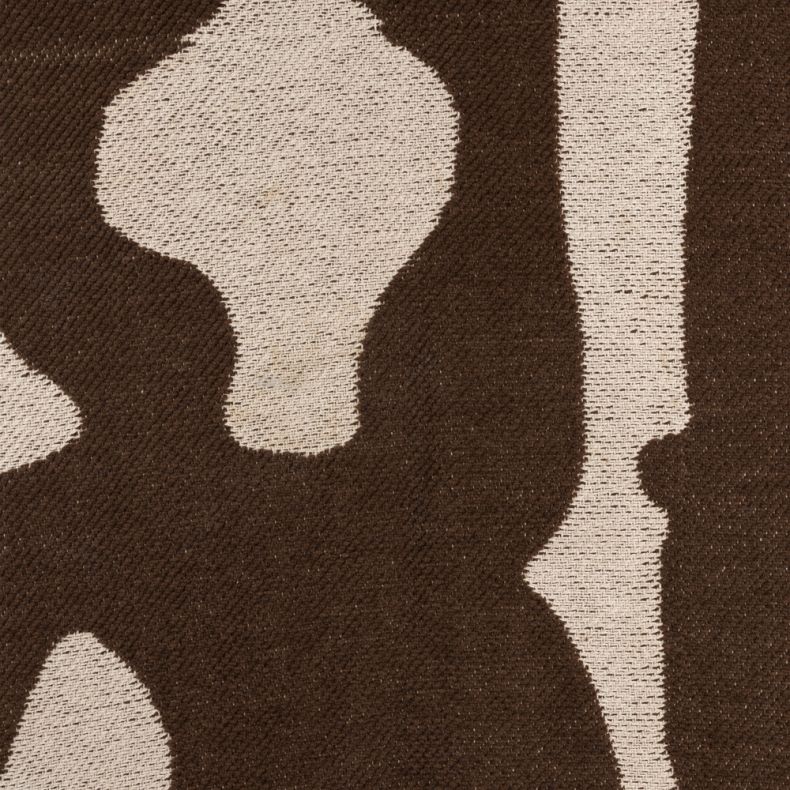 Close-up of the Recycled Alma Abstract Throw in chocolate brown and natural cream, showcasing a bold woven abstract design with organic flowing shapes. The textured fabric highlights the intricate weave and contemporary pattern, creating a cosy, modern ac