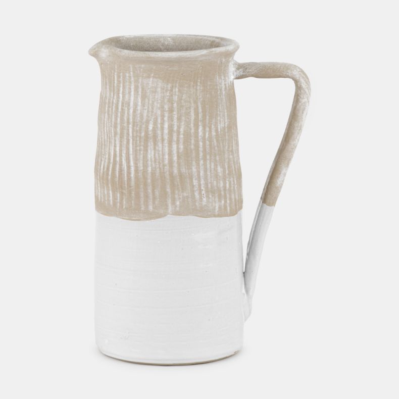 White Stoneware Jug with a rustic handcrafted design, featuring a textured natural stone-effect upper section and smooth white glazed base. The tall ceramic jug is finished with an elegant curved handle and pouring spout, making it ideal for displaying fl