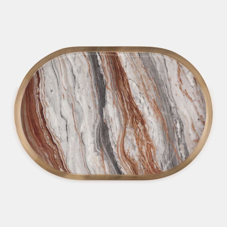 Top view of the Marble Metal Tray, featuring an elegant oval shape with a gold-toned metal rim and a striking marble-effect surface. Flowing veining in white, grey and warm rust tones creates a sophisticated, natural stone-inspired design, ideal for displ
