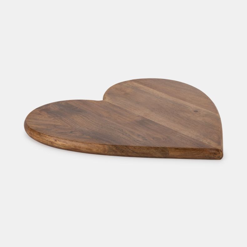Side view of the Heart Wooden Chopping Board, crafted from natural wood with a warm brown finish and distinctive grain detailing. The heart-shaped design features a smooth, sturdy surface and gently rounded edges, making it ideal for food preparation, ser