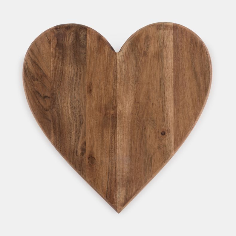 Heart Wooden Chopping Board crafted from natural wood with a warm brown finish and visible grain detailing. Shaped into a decorative heart design, this versatile board combines rustic charm with everyday practicality, making it ideal for food preparation,