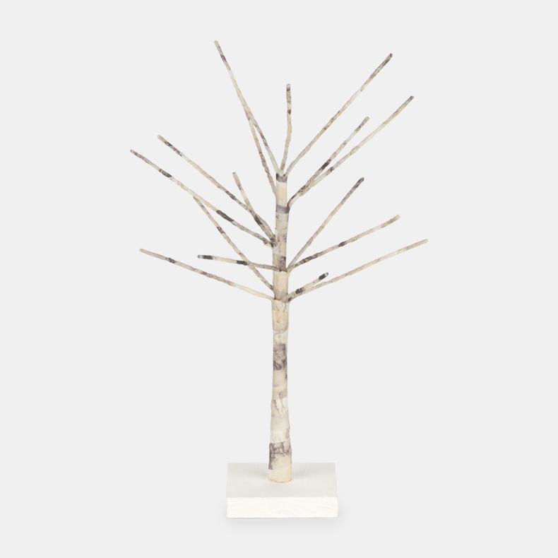 Decorative birch wood tabletop tree with natural bark finish, featuring multiple bare branches on a square wooden base, ideal for displaying hanging ornaments and seasonal decorations.