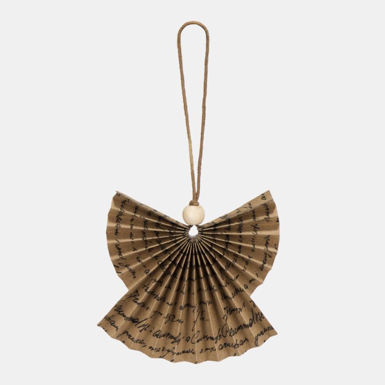 Paper angel Christmas hanging decoration featuring a pleated kraft paper design with black handwritten script print, wooden bead detail, and a natural hanging cord for rustic festive décor.