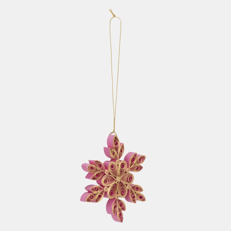 Pink and gold quilled paper snowflake Christmas hanging decoration shown from an angled side view, featuring intricate hand-rolled paper filigree detailing, layered six-point snowflake design, jewel-effect accents, and a gold hanging cord for festive seas