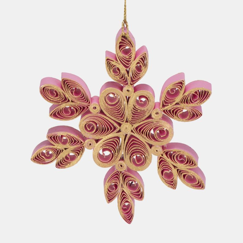 Pink and gold quilled paper snowflake Christmas hanging decoration shown in a close-up view, featuring intricate hand-rolled paper filigree detailing, layered six-point snowflake design, gold-edged scrollwork, jewel-effect accents, and a gold hanging cord