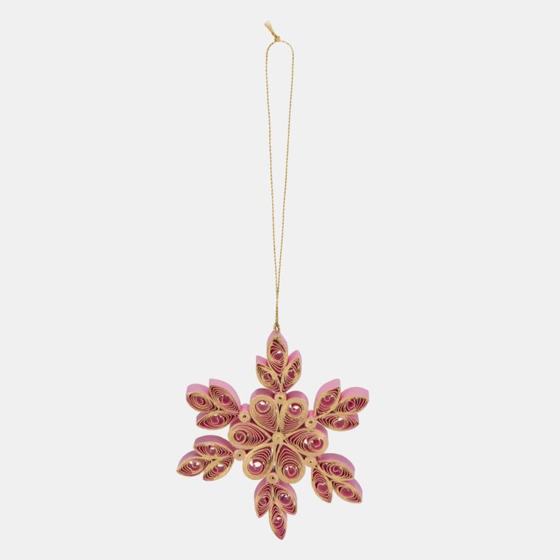 Pink and gold quilled paper snowflake Christmas hanging decoration featuring intricate hand-rolled paper filigree detailing, jewel-effect accents, layered six-point snowflake design, and a gold hanging cord for festive seasonal décor.