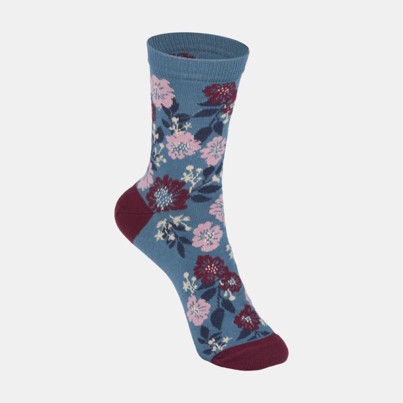 Blue floral ankle socks with pink and burgundy flower pattern, featuring a teal blue background, contrasting burgundy heel and toe, and a ribbed cuff.
