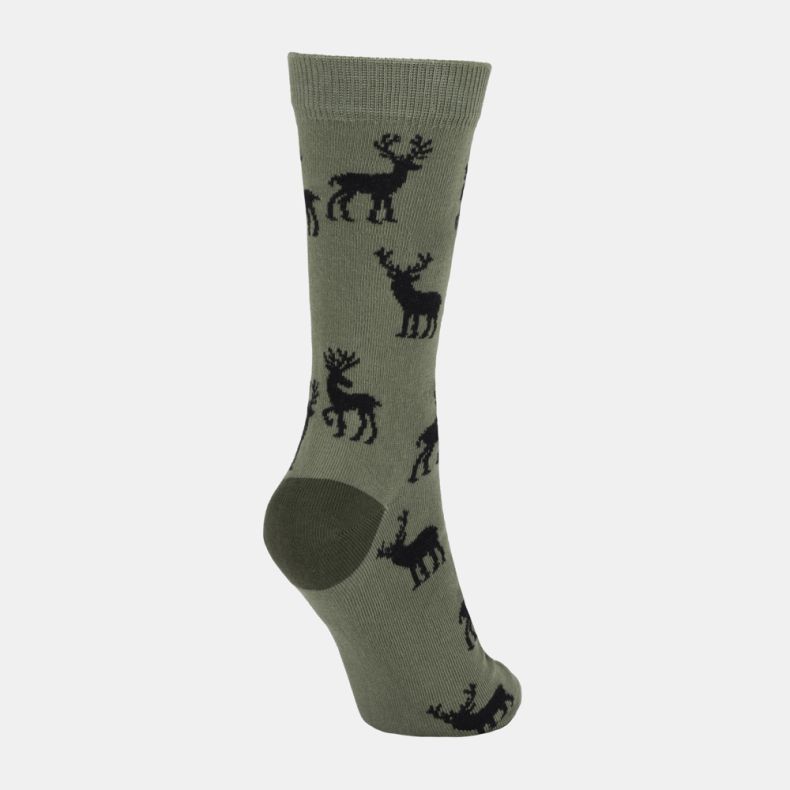 Olive green socks with repeating black stag motif, featuring a ribbed cuff and matching dark green heel and toe accents, shown from an angled rear view.