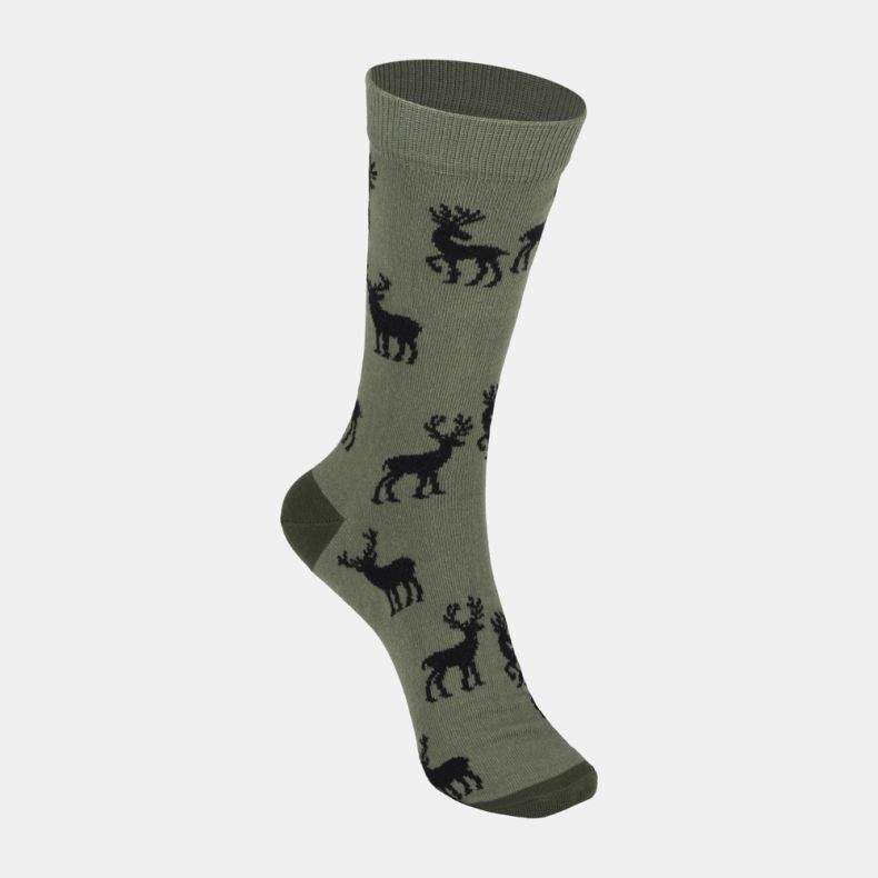 Olive green socks with repeating black stag motif, featuring a ribbed cuff and matching dark green heel and toe accents.