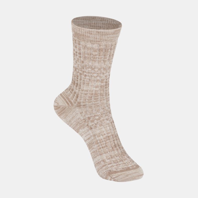 Beige marl socks with a soft textured knit effect, featuring a subtle heathered pattern, ribbed cuff, and matching beige heel and toe design.