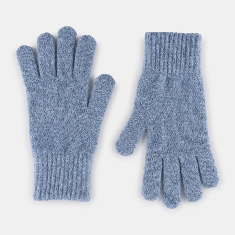 Light blue knitted gloves with a soft fuzzy texture, featuring a fine marl knit finish and wide ribbed cuffs, shown from front and back views.