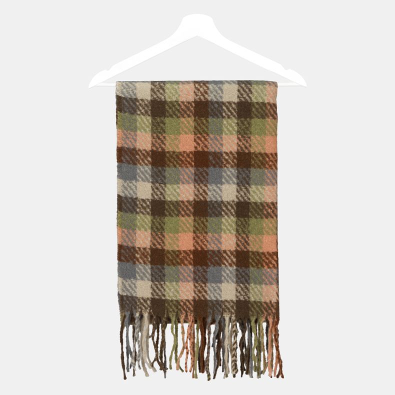 Multicoloured oversized check scarf folded on a hanger, featuring a soft brushed texture, all-over plaid pattern in brown, sage green, blush pink, cream and blue tones, and fringed ends.