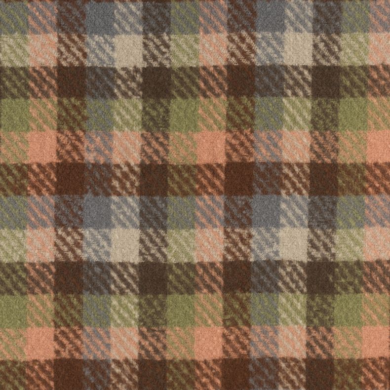 Multicoloured oversized check scarf fabric shown in a close-up view, highlighting the soft brushed texture and all-over plaid pattern in brown, sage green, blush pink, cream and blue tones.