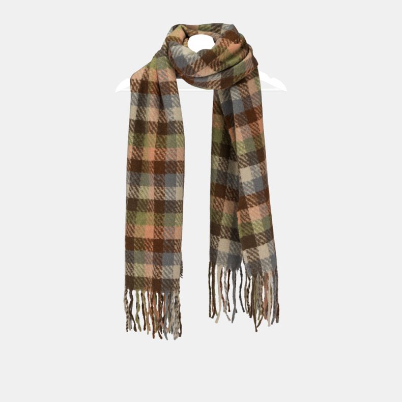 Multicoloured oversized check scarf with a soft brushed texture, featuring an all-over plaid pattern in brown, sage green, blush pink, cream and blue tones, finished with fringed ends and displayed draped on a hanger.