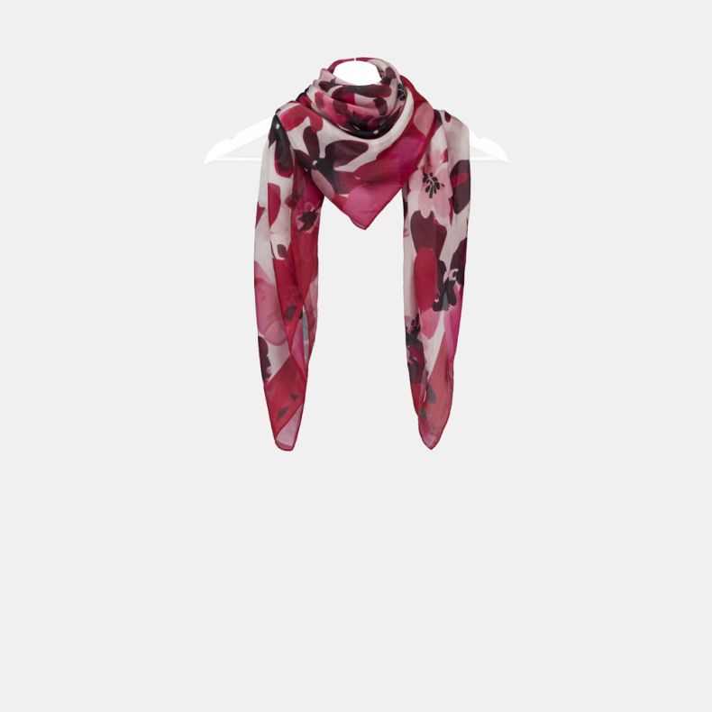 Pink floral square scarf with a lightweight semi-sheer fabric, featuring an oversized watercolour-style flower print in shades of pink, fuchsia, burgundy and blush, shown draped on a hanger from a wider front view.