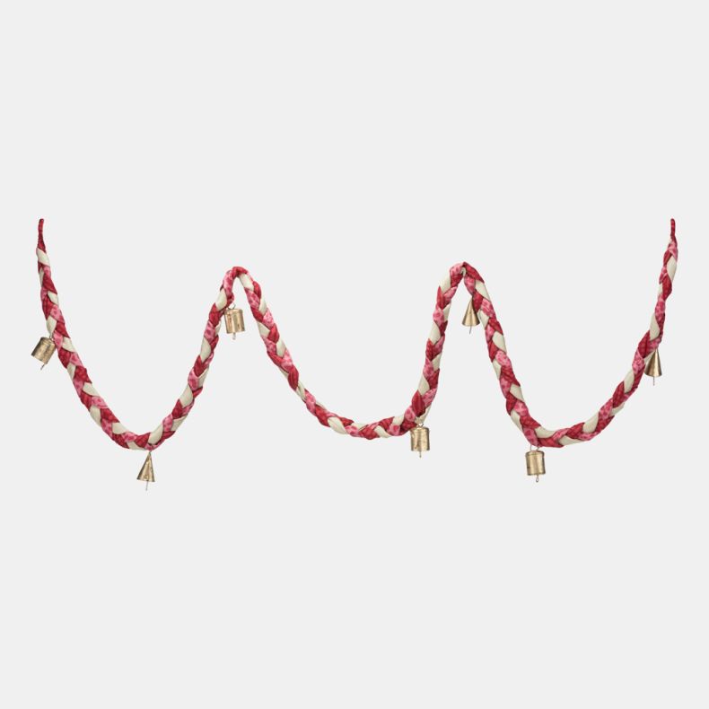 Pink and cream braided fabric garland with decorative gold-tone bell charms, featuring a twisted patchwork-style design for festive seasonal home décor.