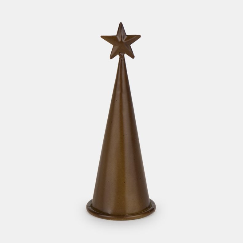 Brown metal Christmas tree ornament with a minimalist cone-shaped design, featuring a five-point star topper and circular base for festive seasonal home décor.