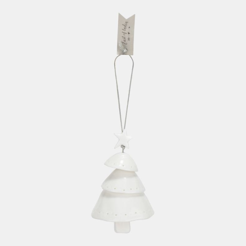 White ceramic Christmas tree hanging decoration featuring a layered tiered tree design with a star topper, smooth glazed finish, subtle pierced dot detailing, and a silver hanging cord for festive seasonal décor