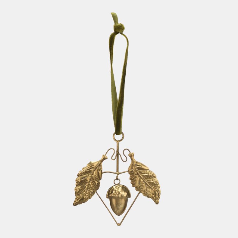 Gold-tone hanging acorn decoration featuring two detailed oak leaves, a textured acorn charm, geometric wire frame detailing, and an olive green velvet hanging ribbon for autumnal or festive seasonal décor.