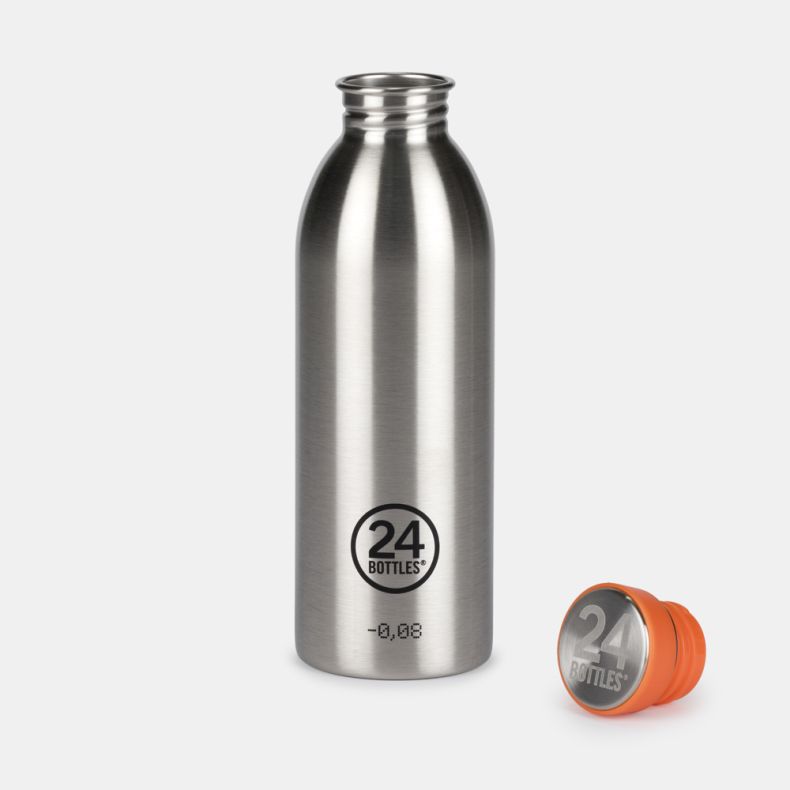 24Bottles stainless steel reusable water bottle shown with the screw-top lid removed. The brushed silver bottle features a sleek metallic finish, narrow opening, and 24Bottles logo on the front, while the orange and silver cap is displayed alongside again