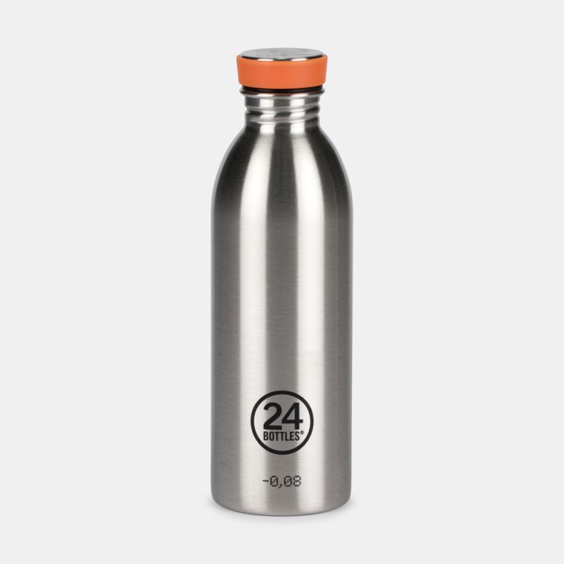 24Bottles stainless steel reusable water bottle with a brushed silver finish and bright orange screw-top lid. The sleek insulated bottle features a narrow neck, metallic cap, and 24Bottles logo on the front, displayed against a plain light background.