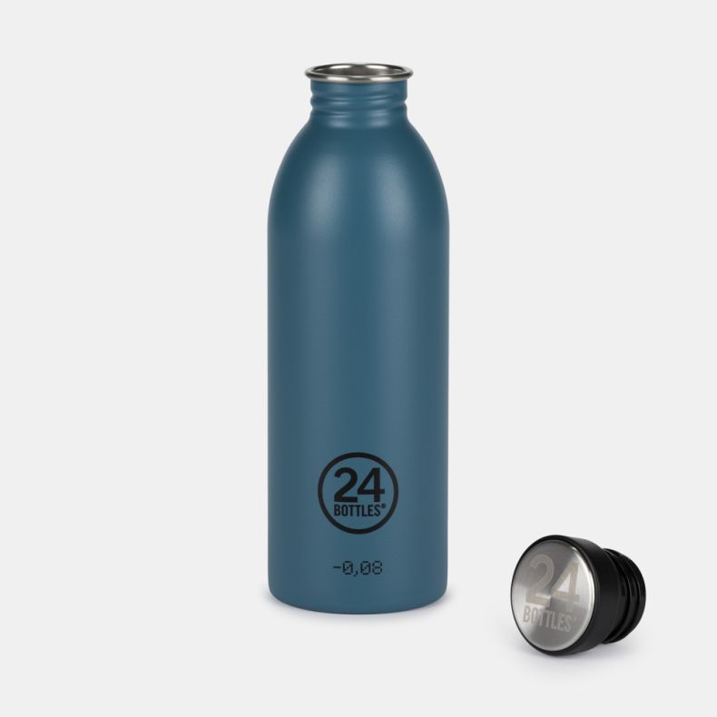Teal 24Bottles stainless steel reusable water bottle shown with the screw-top lid removed. The matte-finish bottle features a narrow opening and the 24Bottles logo on the front, while the black and silver cap is displayed alongside against a plain light b