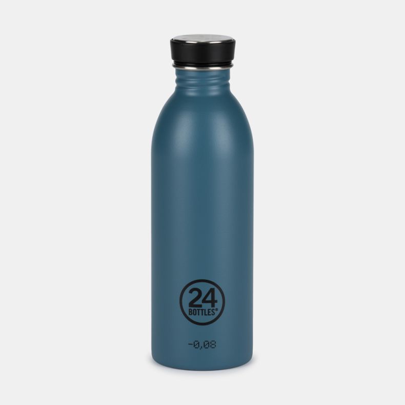 Teal stainless steel reusable water bottle by 24Bottles, featuring a sleek matte finish, narrow neck, and black screw-top lid. The insulated bottle displays the 24Bottles logo on the front and is shown against a plain light background.