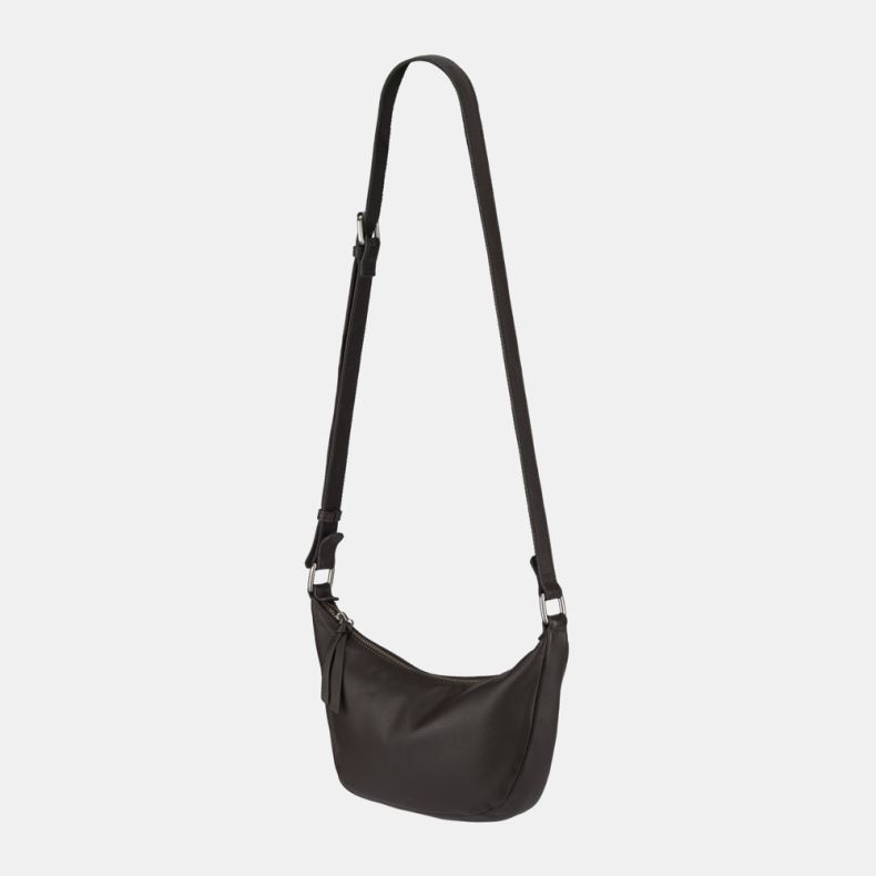 Dark brown leather-look crescent shoulder bag with an adjustable strap, zip-top closure, silver-tone hardware, and sleek curved silhouette shown from an angled side view.
