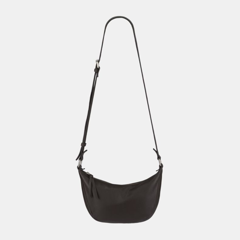 Dark brown leather-look crescent shoulder bag with an adjustable strap, zip-top closure, and sleek curved silhouette, shown from a front view.