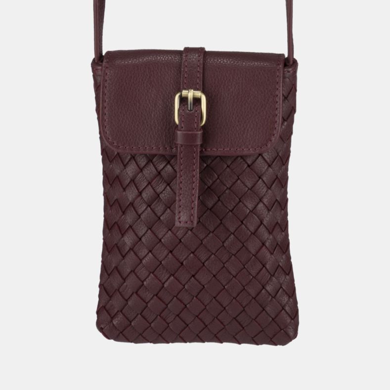 Burgundy woven crossbody phone bag shown in a close-up front view, highlighting the basketweave texture, flap-over closure with gold-tone buckle detail, and pebbled leather-look finish.