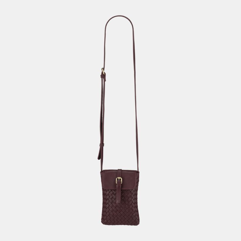 Burgundy woven crossbody phone bag with an adjustable shoulder strap, flap-over closure with buckle detail, and basketweave texture, shown from a front view.